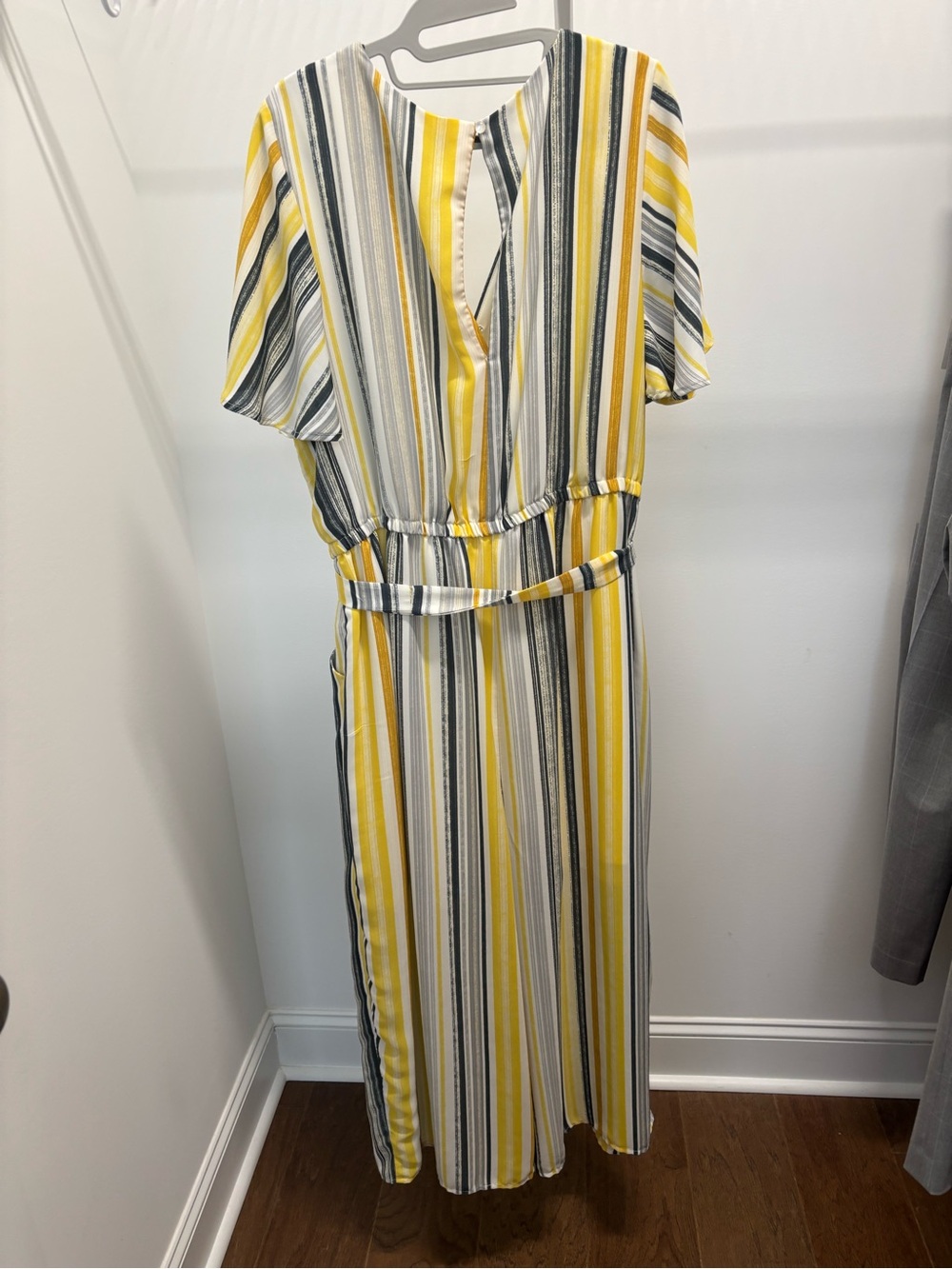 Luxology Yellow, White & Gray Striped Jumpsuit with Waist Tie